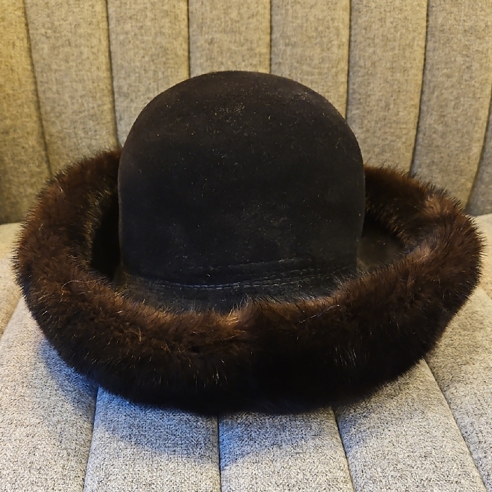 Henri Bendel Black and Brown Fur-Trimmed Bowler Hat
